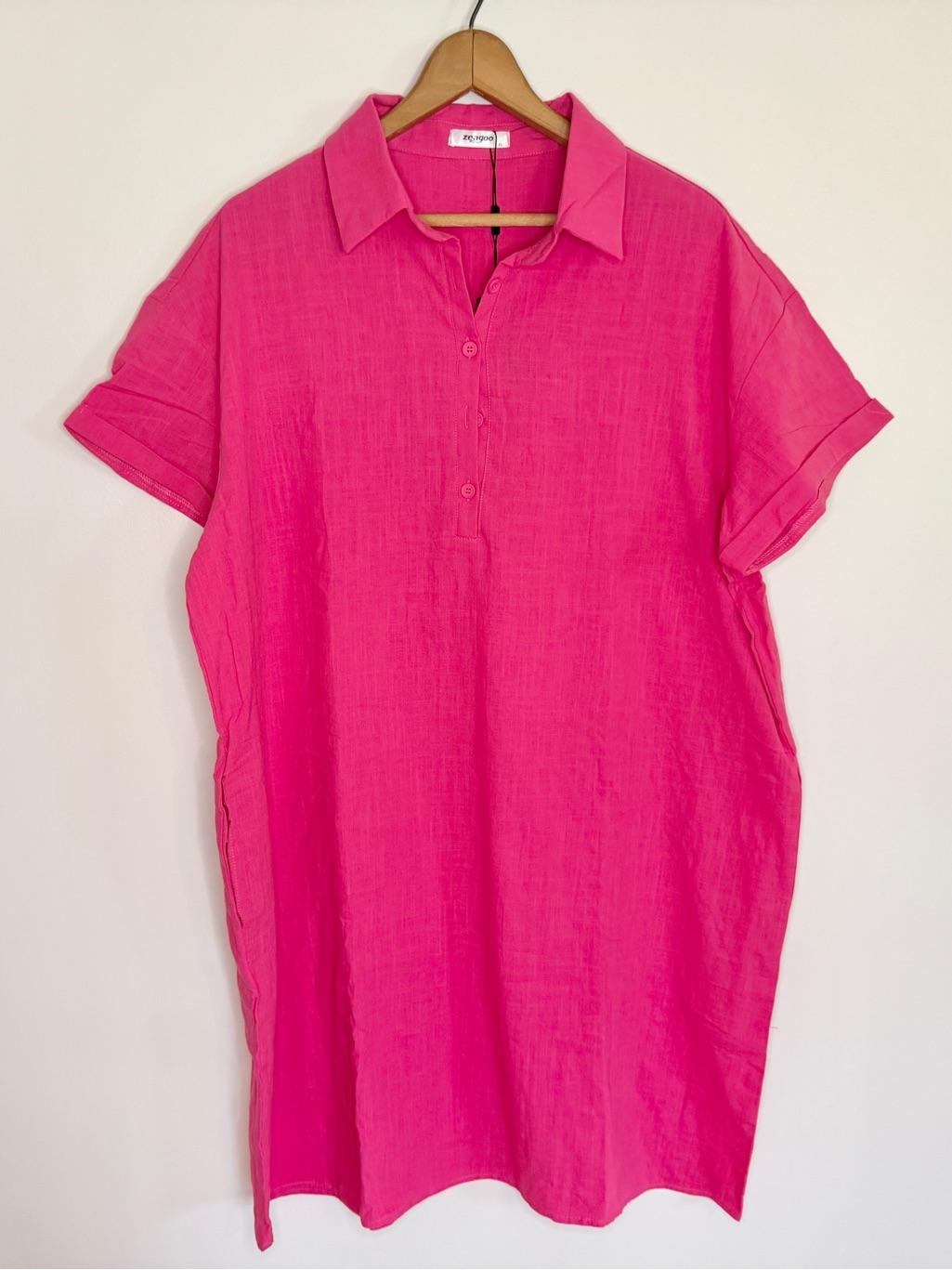 Hot Pink 100% Cotton Collard Shirt Dress Xl | Mini Shift With Pockets Nwt — image 2 of 8